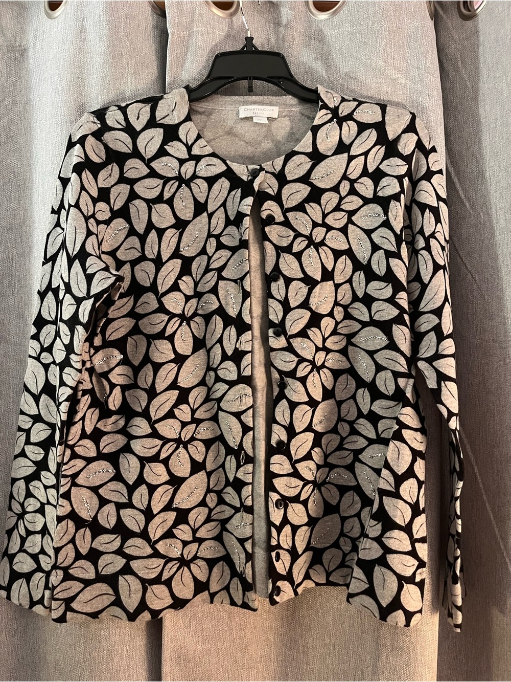 Charter Club Black Jacket with Cream Leaf Print